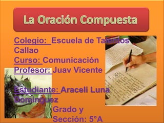 Colegio: Escuela de Talentos
Callao
Curso: Comunicación
Profesor: Juav Vicente

Estudiante: Araceli Luna
Dominguez
         Grado y
         Sección: 5°A
 