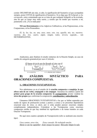 común: DELIMITAR aún más, si cabe, la significación del Sustantivo al que acompañan
siempre, poner COTAS de significación al Sustantivo. Si yo digo que Mi bolígrafo se ha
estropeado, estoy comentando que no se trata de que cualquier bolígrafo se ha averiado,
sino de que yo tengo muy mala suerte, y resulta que ha tenido que tocarme a mí,
justamente a mí. ¡Ya es mala pata!

      NO son Determinantes ni los Adjetivos Calificativos, ni las Preposiciones, ni las
Conjunciones, ni los Pronombres.

       El, la, los, las, un, una, unos, unas, este, esa, aquella, mis, tus, nuestros,
vuestras, dos, tres, cuatro, algún, ningún, todos, tercera, segunda.... son
DETERMINANTES.




      Analicemos, para finalizar el estudio sintáctico de la Oración Simple, un caso de
cambio de categoría gramatical por usar el Artículo:

                El bueno de tu tío nos ha llevado al cine con él
                DET. NÚCLEO   E. DET. N. NÚCL. AUX. NÚCL. VB. E. NÚC.     E.     N.

                                 TÉRM.                            TÉRM.          TERM.

                              C. NOMBRE C.D.                     C.C.L.        C. C. COM.

                   S. N. (SUJETO)                 S. V. (PREDICADO VERBAL)


   B)   ANÁLISIS  SINTÁCTICO                                                                PARA
ORACIONES COMPUESTAS.
         1.- ORACIONES YUXTAPUESTAS.
       Nos adentramos ya en el estudio de la oración compuesta o compleja, la que
ofrece más de un verbo, conjugado o sin conjugar. Iniciamos los análisis a partir del
primer gran grupo de la oración compuesta: la yuxtaposición; pronto vendrán los
otros dos grupos que conforman la composición: coordinación y subordinación.

       Llamamos ORACIONES YUXTAPUESTAS a las que se hallan separadas por
medio de signos de puntuación (comas y puntos y coma) y no presentan dependencia
oracional unas de otras; es decir, por sí solas pueden parecer oraciones simples
completamente independientes. Considerar a las Yuxtapuestas como oraciones
compuestas estriba en que hay similitud de significados o de temas tratados en cada
Oración Yuxtapuesta.

         He aquí unos cuantos ejemplos de Yuxtaposición (sólo se analizará una oración-
tipo):

         Unos cantan, otros ríen.      Estoy cansado. He trabajado mucho.
         María se ata las zapatillas; Jesús ensaya los pasos; Mercedes limpia la sala.


                                                                                               15
 