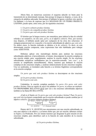 Ahora bien, en numerosas ocasiones el esquema aducido no basta para la
transmisión de un determinado mensaje, bien porque la lengua no dispone, a veces, de la
categoría de palabras adecuada, bien porque el hablante la ignora y prefiere otra opción.
Un hablante, a la hora de expresar que LA SOLEDAD DE UN PERRO PRODUCE
LÁSTIMA, puede optar, entre otras, por las siguientes oraciones:

           1. Un perro solitario produce lástima.
           2. Un perro sin compañía produce lástima.
           3. Un perro que está solo produce lástima.

         El término que la lengua reserva, por naturaleza, para indicar la idea de soledad
referida a un sustantivo, en este caso, perro, es el adjetivo solitario. Pero, por razones
muy dispares, el hablante puede optar por cualquiera de las otras dos soluciones: el
sintagma preposicional sin compañía o la oración subordinada de adjetivo que está solo.
En ambos casos, la función realizada es idéntica a la de solitario. Es decir, en esta
determinada oración compuesta, estas expresiones han sido habilitadas para trabajar
como ADJETIVOS.

         Debemos aplicar otra metodología distinta para analizar las oraciones
subordinadas adjetivas: el procedimiento, el mismo: descomponer la oración compleja en
una oración simple, para, seguidamente, analizar la oración simple. En las oraciones
subordinadas sustantivas cambiábamos por la expresión-comodín “una cosa”, y la
oración se simplificaba ostensiblemente. Ahora, tenemos que deshacer la oración
compleja en dos oraciones simples, y analizar sintácticamente las dos oraciones surgidas.
Una vez analizadas, se trasladará cada función a su término lingüístico correspondiente
en la oración compleja:

           Un perro que está solo produce lástima se descompone en dos oraciones
simples:
           a) Un perro produce lástima,
           b) Un perro está solo.

        Uniéndolas, la oración compleja quedaría Un perro (Un perro está solo)
produce lástima. Para no repetir de nuevo las palabras Un perro, se coloca un sustituto:
UN PRONOMBRE RELATIVO QUE (por eso a las oraciones subordinadas adjetivas
también se las llama DE RELATIVO).

         ¿Cuál es el Sujeto en Un perro que está solo produce lástima? Pues Un perro
que está solo (ya hemos comprobado que la oración subordinada se puede cambiar por el
adjetivo solitario: Un perro solitario produce lástima).
                    DET. NÚCLEO   NÚCLEO   NÚCL. VBAL.   NÚCLEO

                                  ADYAC.                    C. D.

                        S.N . (SUJETO)       S. V. (Predicado Verbal)

         Dentro del S. N. (SUJETO) nos encontramos con una oración subordinada, en
este caso adjetiva o de relativo, y ya hemos dicho que, por ser oración, debemos extraer
su Sujeto y su Predicado. Por eso mismo tenemos que desgranar la gran oración en dos
oraciones simples, para identificar cuál es la función de cada miembro de la oración
subordinada:

                                  a) Un perro produce lástima,


                                                                                       22
 