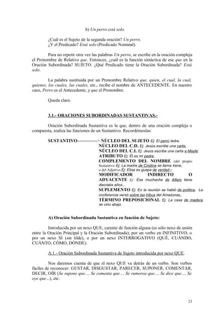 b) Un perro está solo.

        ¿Cuál es el Sujeto de la segunda oración? Un perro.
        ¿Y el Predicado? Está solo (Predicado Nominal).

        Para no repetir otra vez las palabras Un perro, se escribe en la oración compleja
el Pronombre de Relativo que. Entonces, ¿cuál es la función sintáctica de ese que en la
Oración Subordinada? SUJETO. ¿Qué Predicado tiene la Oración Subordinada? Está
solo.

         La palabra sustituida por un Pronombre Relativo que, quien, el cual, la cual,
quienes, los cuales, las cuales, etc., recibe el nombre de ANTECEDENTE. En nuestro
caso, Perro es el Antecedente, y que el Pronombre.

        Queda claro.


        3.1.- ORACIONES SUBORDINADAS SUSTANTIVAS.-

       Oración Subordinada Sustantiva es la que, dentro de una oración compleja o
compuesta, realiza las funciones de un Sustantivo. Recordémoslas:

        SUSTANTIVO-------------> NÚCLEO DEL SUJETO Ej: El perro ladra,
                                NÚCLEO DEL C.D. Ej: Jesús escribe una carta,
                                NÚCLEO DEL C.I. Ej: Jesús escribe una carta a Mayte,
                                ATRIBUTO Ej: Él es mi padre,
                                COMPLEMENTO DEL NOMBRE (del propio
                                     Sustantivo Ej: La madre de Cristina se llama Irene,
                                     o del Adjetivo Ej: Elisa es guapa de verdad,)
                                     MODIFICADOR                   INDIRECTO          O
                                     ADYACENTE Ej: Esa muchacha de Alfaro tiene
                                     dieciséis años ,
                                     SUPLEMENTO Ej: En la reunión se habló de política, La
                                     conferencia versó sobre las tribus del Amazonas,
                                     TÉRMINO PREPOSICIONAL Ej: La casa de madera
                                     se vino abajo.


        A) Oración Subordinada Sustantiva en función de Sujeto:

         Introducida por un nexo QUE, carente de función alguna (es sólo nexo de unión
entre la Oración Principal y la Oración Subordinada); por un verbo en INFINITIVO; o
por un nexo SI (sin tilde), o por un nexo INTERROGATIVO (QUÉ, CUÁNDO,
CUÁNTO, CÓMO, DÓNDE).

        A.1.- Oración Subordinada Sustantiva de Sujeto introducida por nexo QUE.

          Nos daremos cuenta de que el nexo QUE va detrás de un verbo. Son verbos
fáciles de reconocer: GUSTAR, DISGUSTAR, PARECER, SUPONER, COMENTAR,
DECIR, OÍR (Se supone que..., Se comenta que..., Se rumorea que..., Se dice que..., Se
oye que...), etc.




                                                                                           23
 