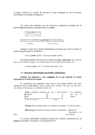 el núcleo verbal de la oración. De ahí que el modo empleado en estos oraciones
subordinadas sea siempre el subjuntivo.




         Los nexos más utilizados son las locuciones conjuntivas formadas por la
partícula que precedida de las preposiciones a o para:

              Vengo a que me cure
              Or. Ppal.   Or. Sub. Adv. Final


        Se encerró en la habitación, para que no le molestaran.
                 Or. Principal                  Or. Sub. Adv. Final



        Cuando el sujeto de la oración subordinada es el mismo que el de la oración, el
verbo de aquélla puede ir en infinitivo:

              Corre a pedir auxilio = Corre para pedir auxilio.

         Se utilizan también como nexos en el lugar de a que o para que: que, a fin de
(que), con el objeto de (que), con el fin de (que), con la intención de (que), etc.:

              Acércate, que te vea = Acércate, para que te vea.


        c.3.- Oraciones subordinadas adverbiales condicionales

        Señalan una hipótesis o una condición de la que depende la acción
expresada en el resto de la oración.

         La conjunción más empleada como nexo es si, aunque alterna con otros
numerosos nexos condicionales: como, cuando, sólo con que, con que, con sólo que,
con tal que, a menos que, a condición de que, etc.:

              Como continúes fumando así, vas a tener cáncer = Si continúas
              fumando                                         así, vas a
              tener                                           cáncer.
              Or. Sub. Adv. Condicional                   Or. Ppal.



              Cuando ella me pida perdón, se lo pediré yo también = Si ella me pide...

              Sólo con que lo pida de corazón, quitaré el obstáculo = Quitaré el
                                                                       obstáculo si lo
pide                                                               de corazón.

          La oración subordinada condicional puede estar también introducida por un
infinitivo, precedido, de ordinario, de la preposición de:


                                                                                    47
 