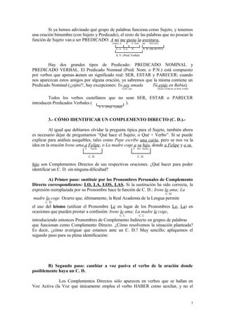 Si ya hemos adivinado qué grupo de palabras funciona como Sujeto, y tenemos
una oración bimembre (con Sujeto y Predicado), el resto de las palabras que no posean la
función de Sujeto van a ser PREDICADO: A mí me gusta la aventura.
                                                      Enlace N.      N.   N. Verb.    det.     NÚCLEO

                                                         C. I. C.I.       V.           S. N. (SUJETO )

                                                         S. V. (Pred. Verbal)


        Hay dos grandes tipos de Predicado: PREDICADO NOMINAL y
PREDICADO VERBAL. El Predicado Nominal (Pred. Nom. o P.N.) está compuesto
por verbos que apenas tienen un significado real: SER, ESTAR y PARECER; cuando
nos aparezcan estos amigos por alguna oración, ya sabremos que la misma contiene un
Predicado Nominal (¡¡ojito!!, hay excepciones: Yo soy amada   Tú estás en Babia).
                                                                  Verbo Aux.                        Núcleo Verbal de un Pred. Verbal



         Todos los verbos castellanos que no sean SER, ESTAR o PARECER
introducen Predicados Verbales (             ).
                                           S. V. (Pred. Verbal)



         3.- CÓMO IDENTIFICAR UN COMPLEMENTO DIRECTO (C. D.).-

         Al igual que debíamos olvidar la pregunta típica para el Sujeto, también ahora
es necesario dejar de preguntarnos “Qué hace el Sujeto, o Qué + Verbo”. Sí se puede
explicar para análisis asequibles, tales como Pepe escribe una carta, pero se nos va la
idea en la oración Irene ama a Felipe, o La madre coge a su hijo, donde a Felipe y a su
                             E    Núcleo                                       E Det. Núcleo


                                 C. D.                                            C. D.

hijo son Complementos Directos de sus respectivas oraciones. ¿Qué hacer para poder
identificar un C. D. sin ninguna dificultad?

        A) Primer paso: sustituir por los Pronombres Personales de Complemento
Directo correspondientes: LO, LA, LOS, LAS. Si la sustitución ha sido correcta, la
expresión reemplazada por su Pronombre hace la función de C. D.: Irene lo ama; La
                                                                                                            C. D.
madre lo coge. Ocurre que, últimamente, la Real Academia de la Lengua permite
       C. D.
el uso del leísmo (utilizar el Pronombre Le en lugar de los Pronombres Lo, La) en
ocasiones que pueden prestar a confusión: Irene le ama; La madre le coge,
                                                            C. I.                  C. I.
introduciendo entonces Pronombres de Complemento Indirecto en grupos de palabras
que funcionan como Complemento Directo. ¿Cómo resolvemos la situación planteada?
Es decir, ¿cómo averiguar que estamos ante un C. D.? Muy sencillo; apliquemos el
segundo paso para su plena identificación:




        B) Segundo paso: cambiar a voz pasiva el verbo de la oración donde
posiblemente haya un C. D.

             Los Complementos Directos sólo aparecen en verbos que se hallan en
Voz Activa (la Voz que únicamente emplea el verbo HABER como auxiliar, y no el


                                                                                                                                       7
 