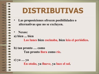 DISTRIBUTIVAS
•   Las proposiciones ofrecen posibilidades o
    alternativas que no se excluyen.

• Nexos:
a) bien ... bien
       Los lunes bien cocinaba, bien leía el periódico.

b) tan pronto … como
       Tan pronto llora como ríe.

c) ya … ya
       En otoño, ya llueve, ya luce el sol.
 