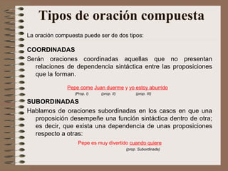 Tipos de oración compuesta
La oración compuesta puede ser de dos tipos:
COORDINADAS
Serán oraciones coordinadas aquellas que no presentan
relaciones de dependencia sintáctica entre las proposiciones
que la forman.
Pepe come Juan duerme y yo estoy aburrido
(Prop. I) (prop. II) (prop. III)
SUBORDINADAS
Hablamos de oraciones subordinadas en los casos en que una
proposición desempeñe una función sintáctica dentro de otra;
es decir, que exista una dependencia de unas proposiciones
respecto a otras:
Pepe es muy divertido cuando quiere
(prop. Subordinada)
 