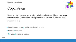 Copulativas
Son aquellas formadas por oraciones independientes unidas por un nexo
coordinante copulativo que sirve para enlazar o sumar informaciones.
Nexos= y, e, ni
• Juan lee una carta y pedro escribe un poema.
• Piensa e imagina.
• Ni raja ni presta el hacha.
Compuesta → coordinada
12/60
 