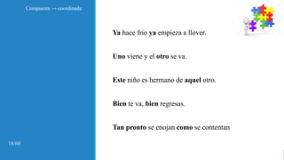 Ya hace frio ya empieza a llover.
Uno viene y el otro se va.
Este niño es hermano de aquel otro.
Bien te va, bien regresas.
Tan pronto se enojan como se contentan
Compuesta → coordinada
16/60
 