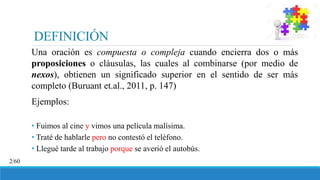 DEFINICIÓN
Una oración es compuesta o compleja cuando encierra dos o más
proposiciones o cláusulas, las cuales al combinarse (por medio de
nexos), obtienen un significado superior en el sentido de ser más
completo (Buruant et.al., 2011, p. 147)
Ejemplos:
• Fuimos al cine y vimos una película malísima.
• Traté de hablarle pero no contestó el teléfono.
• Llegué tarde al trabajo porque se averió el autobús.
2/60
 