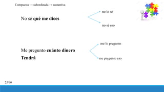 no lo sé
No sé qué me dices
no sé eso
me lo pregunto
Me pregunto cuánto dinero
Tendrá me pregunto eso
Compuesta → subordinada → sustantiva
25/60
 