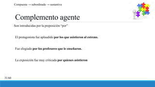 Complemento agente
Son introducidas por la preposición “por”
El protagonista fue aplaudido por los que asistieron al estreno.
Fue elogiado por los profesores que le enseñaron.
La exposición fue muy criticada por quienes asistieron
Compuesta → subordinada → sustantiva
31/60
 