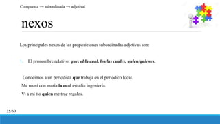 nexos
Los principales nexos de las proposiciones subordinadas adjetivas son:
1. El pronombre relativo: que; el/la cual, los/las cuales; quien/quienes.
Conocimos a un periodista que trabaja en el periódico local.
Me reuní con maría la cual estudia ingeniería.
Vi a mi tío quien me trae regalos.
Compuesta → subordinada → adjetival
35/60
 