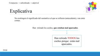 Explicativa
No restringen el significado del sustantivo al que se refieren (antecedente), van entre
comas.
Han retirado los coches, que estaban mal aparcados.
Han retirado TODOS los
coches porque están mal
aparcados.
Compuesta → subordinada → adjetival
39/60
 