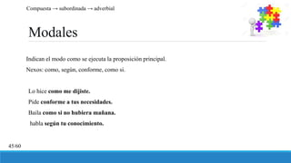 Modales
Indican el modo como se ejecuta la proposición principal.
Nexos: como, según, conforme, como si.
Lo hice como me dijiste.
Pide conforme a tus necesidades.
Baila como si no hubiera mañana.
habla según tu conocimiento.
Compuesta → subordinada → adverbial
45/60
 