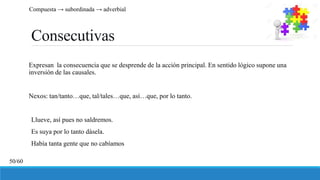 Consecutivas
Expresan la consecuencia que se desprende de la acción principal. En sentido lógico supone una
inversión de las causales.
Nexos: tan/tanto…que, tal/tales…que, así…que, por lo tanto.
Llueve, así pues no saldremos.
Es suya por lo tanto dásela.
Había tanta gente que no cabíamos
Compuesta → subordinada → adverbial
50/60
 