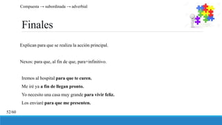 Finales
Explican para que se realiza la acción principal.
Nexos: para que, al fin de que, para+infinitivo.
Iremos al hospital para que te curen.
Me iré ya a fin de llegan pronto.
Yo necesito una casa muy grande para vivir feliz.
Los enviaré para que me presenten.
Compuesta → subordinada → adverbial
52/60
 
