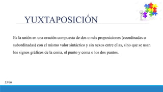 YUXTAPOSICIÓN
Es la unión en una oración compuesta de dos o más proposiciones (coordinadas o
subordinadas) con el mismo valor sintáctico y sin nexos entre ellas, sino que se usan
los signos gráficos de la coma, el punto y coma o los dos puntos.
55/60
 