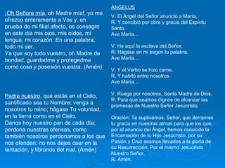¡ Oh Señora mía , oh Madre mía!, yo me ofrezco enteramente a Vos y, en prueba de mi filial afecto, os consagro en este día mis ojos, mis oídos, mi lengua, mi corazón. En una palabra, todo mi ser.  Ya que soy todo vuestro, oh Madre de bondad, guardadme y protegedme como cosa y posesión vuestra. (Amén) Padre nuestro , que estás en el Cielo, santificado sea tu Nombre; venga a nosotros tu reino; hágase Tu voluntad, en la tierra como en el Cielo.  Danos hoy nuestro pan de cada día; perdona nuestras ofensas, como también nosotros perdonamos a los que nos ofenden; no nos dejes caer en la tentación, y líbranos del mal. (Amén) ÁNGELUS V. El Ángel del Señor anunció a María,  R. Y concibió por obra y gracia del Espíritu Santo. Ave María… V. He aquí la esclava del Señor,  R. Hágase en mi según tu palabra. Ave María… V. Y el Verbo se hizo carne,  R. Y habitó entre nosotros. Ave María… V. Ruega por nosotros, Santa Madre de Dios,  R. Para que seamos dignos de alcanzar las promesas de Nuestro Señor Jesucristo. Oración: Te suplicamos, Señor, que derrames tu gracia en nuestras almas para que los que, por el anuncio del Ángel, hemos conocido la Encarnación de tu Hijo Jesucristo, por su Pasión y Cruz seamos llevados a la gloria de su Resurrección. Por el mismo Jesucristo Nuestro Señor. R. Amén. 