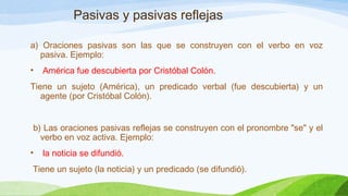 Pasivas y pasivas reflejas 
a) Oraciones pasivas son las que se construyen con el verbo en voz 
pasiva. Ejemplo: 
• América fue descubierta por Cristóbal Colón. 
Tiene un sujeto (América), un predicado verbal (fue descubierta) y un 
agente (por Cristóbal Colón). 
b) Las oraciones pasivas reflejas se construyen con el pronombre "se" y el 
verbo en voz activa. Ejemplo: 
• la noticia se difundió. 
Tiene un sujeto (la noticia) y un predicado (se difundió). 
 
