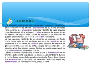 EJERCICIOS
Loa animales desertícolas han desarrollado diferentes mecanismos
para sobrevivir en las difíciles condiciones de su medio ambiente.
Para enfrentar las situaciones extremas y la falta de agua, algunos,
como las gacelas y los antílopes, viajan a zonas más favorables en
las épocas de sequía; otros, como los reptiles y los roedores, se
quedan a la sombra de las rocas o se ocultan en la arena.
La rata canguro, habitante de los desiertos de América del Norte,
puede pasar toda su vida sin beber gracias a la capacidad de su
organismo y a su hábito de reservar gran cantidad de semillas en
galerías subterráneas. Por su parte, aunque parezca increíble - los
camellos y los dromedarios pueden fabricar su propia agua a partir de
la grasa retenida en sus jorobas o gibas.
Debido al enorme calor reinante durante el día, la alimentación de los
animales del desierto se produce al amanecer, al atardecer o durante
la noche, horas en que la temperatura desciende. Como deben buscar
sus alimentos en la oscuridad, los animales cazadores tienen muy
desarrollados los sentidos del olfato, oído y la vista.
 
