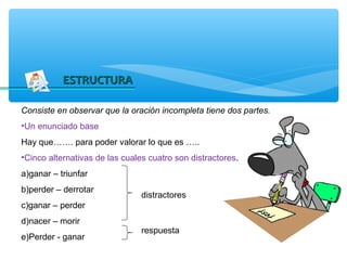 ESTRUCTURA

Consiste en observar que la oración incompleta tiene dos partes.
•Un enunciado base
Hay que……. para poder valorar lo que es …..
•Cinco alternativas de las cuales cuatro son distractores.
a)ganar – triunfar
b)perder – derrotar
                                distractores
c)ganar – perder
d)nacer – morir
                                respuesta
e)Perder - ganar
 