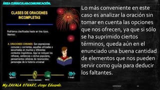 Lo más conveniente en este
caso es analizar la oración sin
tomar en cuenta las opciones
que nos ofrecen, ya que si sólo
se ha suprimido ciertos
términos, queda aún en el
enunciado una buena cantidad
de elementos que nos pueden
servir como guía para deducir
los faltantes.
27/07/2017 12
 