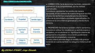 1. CORRECCIÓN: Se le denominan también, corrección
gramatical. Es la compatibilidad, son las normas
gramaticales.
Consiste en representar los sonidos de manera
apropiada, el uso correcto de nuestra lengua en escribir
empleando las formas aceptadas por los elementos
cultos de la comunidad o entidades especializadas. En
síntesis es la concordancia gramatical y una escritura
correcta.
2. PROPIEDAD: Se le llama también criterio semántico.
Consiste en utilizar los vocablos en su sentido exacto o
verdadero, en no adulterar su significación interna del
pensamiento o la palabra. Una oración puede tener
corrección sin propiedad y viceversa.
En este criterio permite elegir el vocablo más preciso
teniendo en cuenta también la categoría intelectual del
autor.
27/07/2017 23
 
