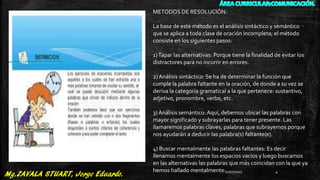 METODOS DE RESOLUCIÓN:
La base de este método es el análisis sintáctico y semántico
que se aplica a toda clase de oración incompleta; el método
consiste en los siguientes pasos:
1)Tapar las alternativas: Porque tiene la finalidad de evitar los
distractores para no incurrir en errores.
2) Análisis sintáctico: Se ha de determinar la función que
cumple la palabra faltante en la oración, de donde a su vez se
deriva la categoría gramatical a la que pertenece: sustantivo,
adjetivo, pronombre, verbo, etc.
3) Análisis semántico: Aquí, debemos ubicar las palabras con
mayor significado y subrayarlas para tener presente. Las
llamaremos palabras claves, palabras que subrayemos porque
nos ayudarán a deducir las palabra(s) faltante(e).
4) Buscar mentalmente las palabras faltantes: Es decir
llenamos mentalmente los espacios vacíos y luego buscamos
en las alternativas las palabras que más coincidan con la que ya
hemos hallado mentalmente:27/07/2017 4
 