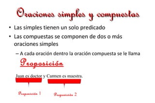 Oraciones simples y compuestas ,[object Object],[object Object],[object Object],Juan es doctor y Carmen es maestra. Proposición   1 Proposición   2 