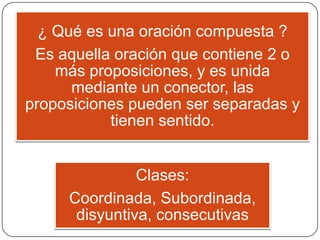 ¿ Qué es una oración compuesta ?
 Es aquella oración que contiene 2 o
    más proposiciones, y es unida
      mediante un conector, las
proposiciones pueden ser separadas y
           tienen sentido.


               Clases:
     Coordinada, Subordinada,
      disyuntiva, consecutivas
 