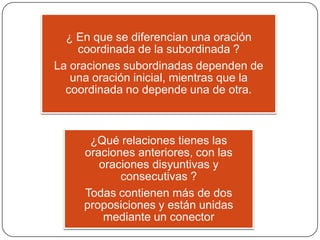 ¿ En que se diferencian una oración
    coordinada de la subordinada ?
La oraciones subordinadas dependen de
   una oración inicial, mientras que la
  coordinada no depende una de otra.



      ¿Qué relaciones tienes las
     oraciones anteriores, con las
        oraciones disyuntivas y
            consecutivas ?
     Todas contienen más de dos
     proposiciones y están unidas
         mediante un conector
 