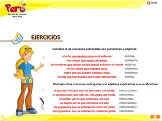 Inicio




EJERCICIOS
       Contesta si las oraciones subrayadas son sustantivas o adjetivas:

              el niño que pesaba poco está enfermo              ADEJTIVA
                 nos alegra que vayáis al campo                 SUSTANTVIA
      los hombres que tenían mucha fuerza subieron al monte ADEJETIVA
                 no me alegra que mientas tanto                 SUSTANTIVA
               están que no pueden comprar nada                 SUSTANTIVA
          el reloj que han puesto en la calle está parado       ADJETIVA


       Contesta si las oraciones subrayadas son adjetivas explicativas o especificativas:

        el guardia civil que nos vio nos puso una multa     ESPECIFICATIVAS
       el guardia civil, que nos vio, nos puso una multa    EXPLICATIVAS
            la puerta, por la que entramos, era alta        EXPLICATIVAS
            La puerta por la que entramos era alta          ESPECIFICATIVAS
        los jugadores que se esforzaron metieron goles      ESPECIFICATIVAS
       los jugadores, que se esforzaron, metieron goles     EXPLICATIVAS
 