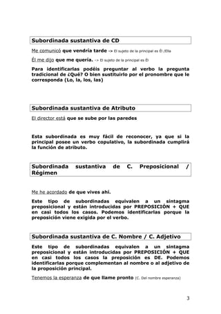 Subordinada sustantiva de CD
Me comunicó que vendría tarde -> El sujeto de la principal es Él /Ella
Él me dijo que me quería. -> El sujeto de la principal es Él
Para identificarlas podéis preguntar al verbo la pregunta
tradicional de ¿Qué? O bien sustituirlo por el pronombre que le
corresponda (Lo, la, los, las)
Subordinada sustantiva de Atributo
El director está que se sube por las paredes
Esta subordinada es muy fácil de reconocer, ya que si la
principal posee un verbo copulativo, la subordinada cumplirá
la función de atributo.
Subordinada sustantiva de C. Preposicional /
Régimen
Me he acordado de que vives ahí.
Este tipo de subordinadas equivalen a un sintagma
preposicional y están introducidas por PREPOSICIÓN + QUE
en casi todos los casos. Podemos identificarlas porque la
preposición viene exigida por el verbo.
Subordinada sustantiva de C. Nombre / C. Adjetivo
Este tipo de subordinadas equivalen a un sintagma
preposicional y están introducidas por PREPOSICIÓN + QUE
en casi todos los casos la preposición es DE. Podemos
identificarlas porque complementan al nombre o al adjetivo de
la proposición principal.
Tenemos la esperanza de que llame pronto (C. Del nombre esperanza)
3
 