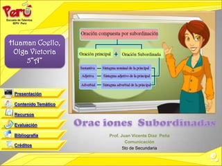 Huaman Coello,
 Olga Victoria
     5”A”



 Presentación

 Contenido Temático

 Recursos

 Evaluación

 Bibliografía         Prof. Juan Vicente Díaz Peña
                              Comunicación
 Créditos
                             5to de Secundaria
 