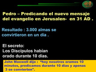 Pedro – Predicando el nuevo mensaje del evangelio en Jerusalen-  en 31 AD .  Resultado : 3.000 almas se convirtieron en un día . El secreto: Los Discípulos habían orado durante 10 días. John Maxwell dijo :  “hoy nosotros oramos 10 minutos, predicamos durante 10 dias y apenas 3 se convierten". 