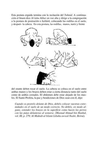 Esta postura erguida termina con la recitación del Tahmid. A continua-
ción el Imam dice Al-lahu Akbar en voz alta y dirige a la congregación
a la postura de postración o Salldah, colocando las rodillas en el suelo,
y después la cabeza. En esta postura, las rodillas, manos, nariz y frente
del orante deben tocar el suelo. La cabeza se coloca en el suelo entre
ambas manos y los brazos deben estar a cierta distancia tanto del suelo
como de ambos costados. El abdomen debe estar alejado de los mus-
los. El Santo Profeta, la paz y bendiciones de Dios sean con él, dijo:
Cuando os postréis delante de Dios, debéis colocar vuestras extre-
midades en el suelo de un modo correcto. No debéis, en modo al-
guno, extender los brazos en la superficie como hacen los perros
con las patas delanteras al sentarse. (Musnad Ahmad bin Hanbal,
vol. III, p. 279; Al-Maktab-al Islami Liltaba awwal-Nashr, Beirut).
 