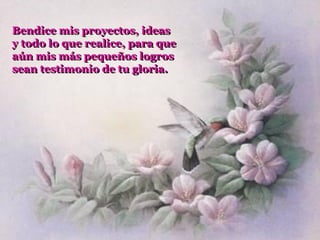 Bendice mis proyectos, ideas
y todo lo que realice, para que
aún mis más pequeños logros
sean testimonio de tu gloria.
 