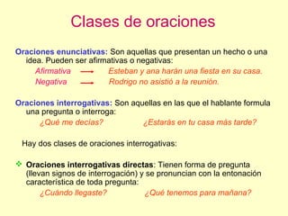 Clases de oraciones
Oraciones enunciativas: Son aquellas que presentan un hecho o una
  idea. Pueden ser afirmativas o negativas:
     Afirmativa         Esteban y ana harán una fiesta en su casa.
     Negativa           Rodrigo no asistió a la reunión.

Oraciones interrogativas: Son aquellas en las que el hablante formula
  una pregunta o interroga:
      ¿Qué me decías?            ¿Estarás en tu casa más tarde?

 Hay dos clases de oraciones interrogativas:

 Oraciones interrogativas directas: Tienen forma de pregunta
  (llevan signos de interrogación) y se pronuncian con la entonación
  característica de toda pregunta:
       ¿Cuándo llegaste?            ¿Qué tenemos para mañana?
 