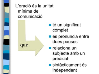 L’oració és la unitat mínima de comunicació  té un significat complet es pronuncia entre dues pauses relaciona un subjecte amb un predicat sintàcticament és independent que 