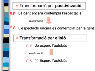 Transformació per  passivització   La gent encara contempla l’espectacle  E.P.   L’espectacle encara és contemplat per la gent  E.S.   transformació  Transformació per  elisió   Jo espero l’autobús  E.P.   transformació  Espero l’autobús  E.S.   