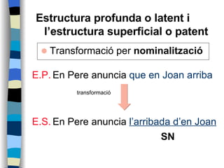 Estructura profunda o latent i l’estructura superficial o patent   SN   transformació  <ul><li>Transformació per  nominali...