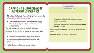 ORACIONS SUBORDINADES
ADVERBIALS PRÒPIES
Realitzen la funció d’un adverbi i fan funció de
Complement Circumstancial:
• Oracions subordinades adverbials de temps
= funció de complement circumstancial de
temps (CCT)
Em vaig despertar quan va arribar Minerva.
Acabada la pel·lícula, va vindre sa mare a per ella.
• Oracions subordinades adverbials de lloc
= funció de complement circumstancial de lloc
(CCLL)
Ho he deixat on Minerva em va indicar.
• Oracions subordinades adverbials de
mode o manera
= funció de complement circumstancial de mode
o manera (CCM)
Minerva planta arbustos tal com la va ensenyar
Oriol.
Joan parla com si no em coneguera.
SÍ fan funció
sintàctica (CC)
 