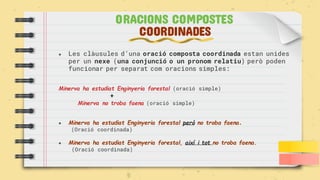 ● Les clàusules d’una oració composta coordinada estan unides
per un nexe (una conjunció o un pronom relatiu) però poden
funcionar per separat com oracions simples:
Minerva ha estudiat Enginyeria forestal (oració simple)
+
Minerva no troba faena (oració simple)
● Minerva ha estudiat Enginyeria forestal però no troba faena.
(Oració coordinada)
● Minerva ha estudiat Enginyeria forestal, així i tot no troba faena.
(Oració coordinada)
ORACIONS COMPOSTES
COORDINADES
 