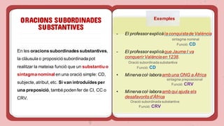 ORACIONS SUBORDINADES
SUBSTANTIVES
En les oracions subordinades substantives,
la clàusula o proposició subordinada pot
realitzar la mateixa funció que un substantiu o
sintagma nominal en una oració simple: CD,
subjecte, atribut, etc. Si van introduïdes per
una preposició, també poden fer de CI, CC o
CRV.
- El professor explicàla conquistade València
sintagma nominal
Funció: CD
- El professor explicàque Jaume I va
conquerir València en 1238.
Oració subordinada substantiva
Funció: CD
• Minerva col·laboraamb una ONG a Àfrica
sintagma preposicional
Funció: CRV
• Minerva col·laboraamb qui ajuda els
desafavorits d’Àfrica
Oració subordinada substantiva
Funció: CRV
Exemples
 