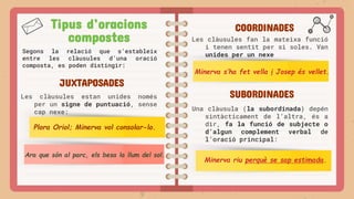 Tipus d’oracions
compostes
Segons la relació que s’estableix
entre les clàusules d’una oració
composta, es poden distingir:
COORDINADES
JUXTAPOSADES
SUBORDINADES
Les clàusules estan unides només
per un signe de puntuació, sense
cap nexe:
Plora Oriol; Minerva vol consolar-lo.
Les clàusules fan la mateixa funció
i tenen sentit per si soles. Van
unides per un nexe
Minerva s’ha fet vella i Josep és vellet.
Ara que són al parc, els besa la llum del sol.
Una clàusula (la subordinada) depén
sintàcticament de l’altra, és a
dir, fa la funció de subjecte o
d’algun complement verbal de
l’oració principal:
Minerva riu perquè se sap estimada.
 