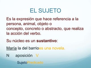 EL SUJETOEs la expresión que hace referencia a la persona, animal, objeto o concepto, concreto o abstracto, que realiza la acción del verbo.Su núcleo es un sustantivo:María la del barrioes una novela.N	     aposición   V           SujetoPredicado