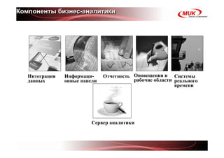 Компоненты бизнес-аналитики




   Интеграция   Информаци-     Отчетность Оповещения и Системы
   данных       онные панели              рабочие области реального
                                                          времени




                          Сервер аналитики
 