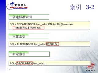 索引  3-3 SQL> CREATE INDEX item_index ON itemfile (itemcode) TABLESPACE index_tbs; 创建标准索引 重建索引 SQL> ALTER INDEX item_index REBUILD;  删除索引 SQL> DROP INDEX item_index;  
