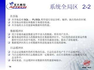 系统全局区  2-2 共享池  共享池是对 SQL 、 PL/SQL 程序进行语法分析、编译、执行的内存区域 共享池由库缓存和数据字典缓存组成。 共享池的大小直接影响数据库的性能。 数据缓冲区  用于存储从磁盘数据文件中读入的数据，所有用户共享。 服务器进程将读入的数据保存在数据缓冲区中，当后续的请求需要这些数据时可以在内存中找到，不需要再从磁盘读取，提高了读取速度。 数据缓冲区的大小对数据库的读取速度有直接的影响。 日志缓冲区  日志记录数据库的所有修改信息，日志信息首先产生于日志缓冲区。  当日志缓冲区的日志数据达到一定数量时，由后台进程将日志数据写入日志文件中。 相对来说，日志缓冲区对数据库的性能影响较小。 