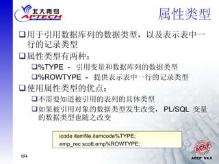 属性类型 用于引用数据库列的数据类型，以及表示表中一行的记录类型 属性类型有两种： %TYPE  -  引用变量和数据库列的数据类型 %ROWTYPE  -  提供表示表中一行的记录类型 使用属性类型的优点： 不需要知道被引用的表列的具体类型 如果被引用对象的数据类型发生改变， PL/SQL  变量的数据类型也随之改变 icode itemfile.itemcode%TYPE; emp_rec scott.emp%ROWTYPE; 
