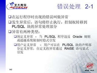 错误处理  2-1 在运行程序时出现的错误叫做异常 发生异常后，语句将停止执行，控制权转移到  PL/SQL  块的异常处理部分 异常有两种类型： 预定义异常  -  当  PL/SQL  程序违反  Oracle  规则或超越系统限制时隐式引发 用户定义异常  -  用户可以在  PL/SQL  块的声明部分定义异常，自定义的异常通过  RAISE  语句显式引发 