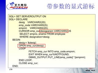 带参数的显式游标 声明显式游标时可以带参数以提高灵活性 声明带参数的显式游标的语法如下： CURSOR <cursor_name>(<param_name> <param_type>) IS select_statement; SQL> SET SERVEROUTPUT ON SQL> DECLARE desig  VARCHAR2(20); emp_code VARCHAR2(5); empnm  VARCHAR2(20); CURSOR emp_cur(desigparam VARCHAR2) IS   SELECT empno, ename FROM employee   WHERE designation=desig; BEGIN desig:= '&desig'; OPEN emp_cur(desig); LOOP FETCH emp_cur INTO emp_code,empnm; EXIT WHEN emp_cur%NOTFOUND; DBMS_OUTPUT.PUT_LINE(emp_code||' '||empnm); END LOOP; CLOSE emp_cur; END; 